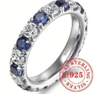 925 Sterling Silver Classic Eternity Ring w/ Inlaid Blue White Zirconia Size 9